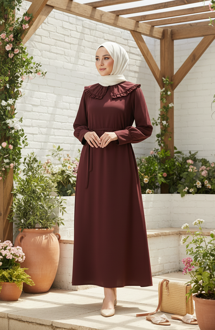 Robe Hijab à Col Volanté Et Lacets 2208-06 Marron 2208-06