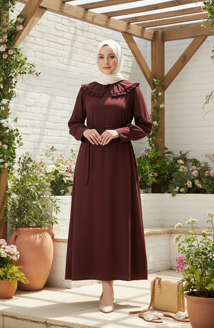 Robe Hijab à Col Volanté Et Lacets 2208-06 Marron 2208-06