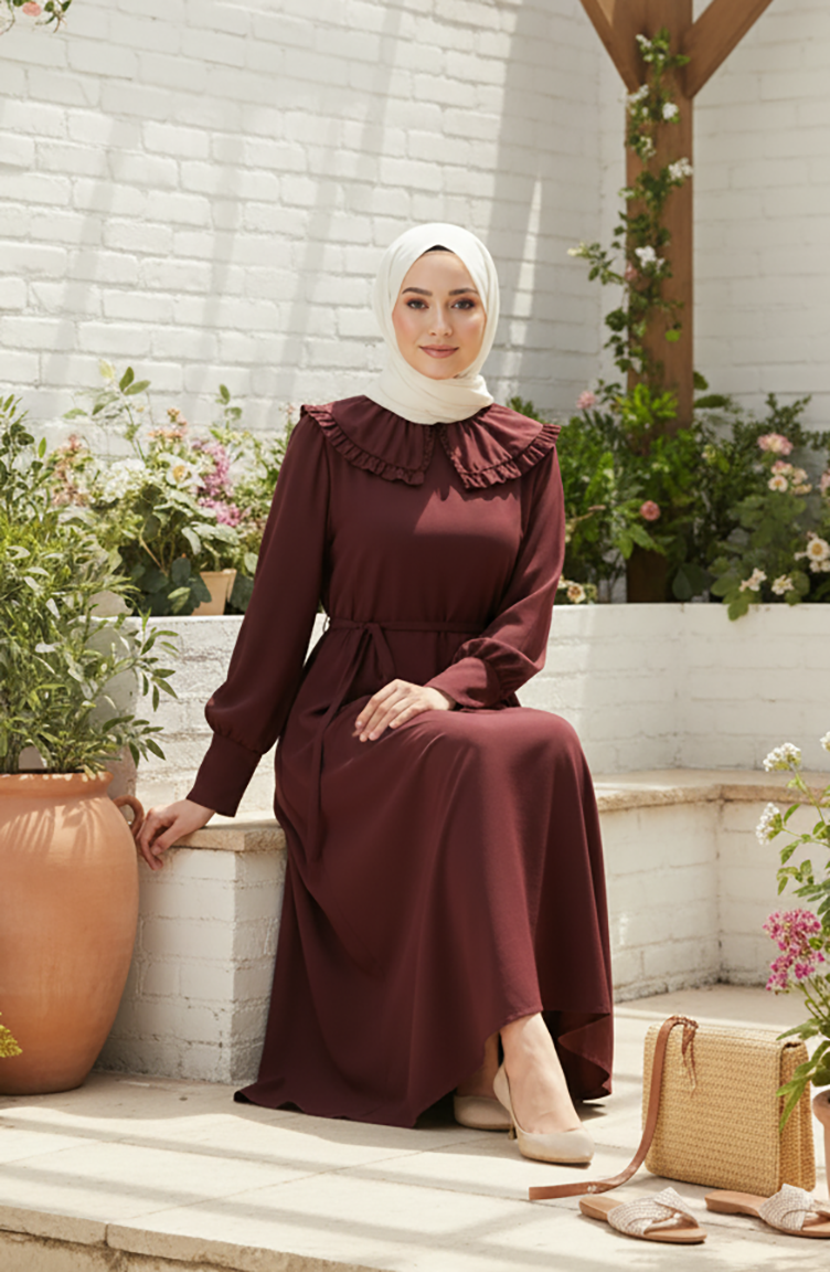 Robe Hijab à Col Volanté Et Lacets 2208-06 Marron 2208-06