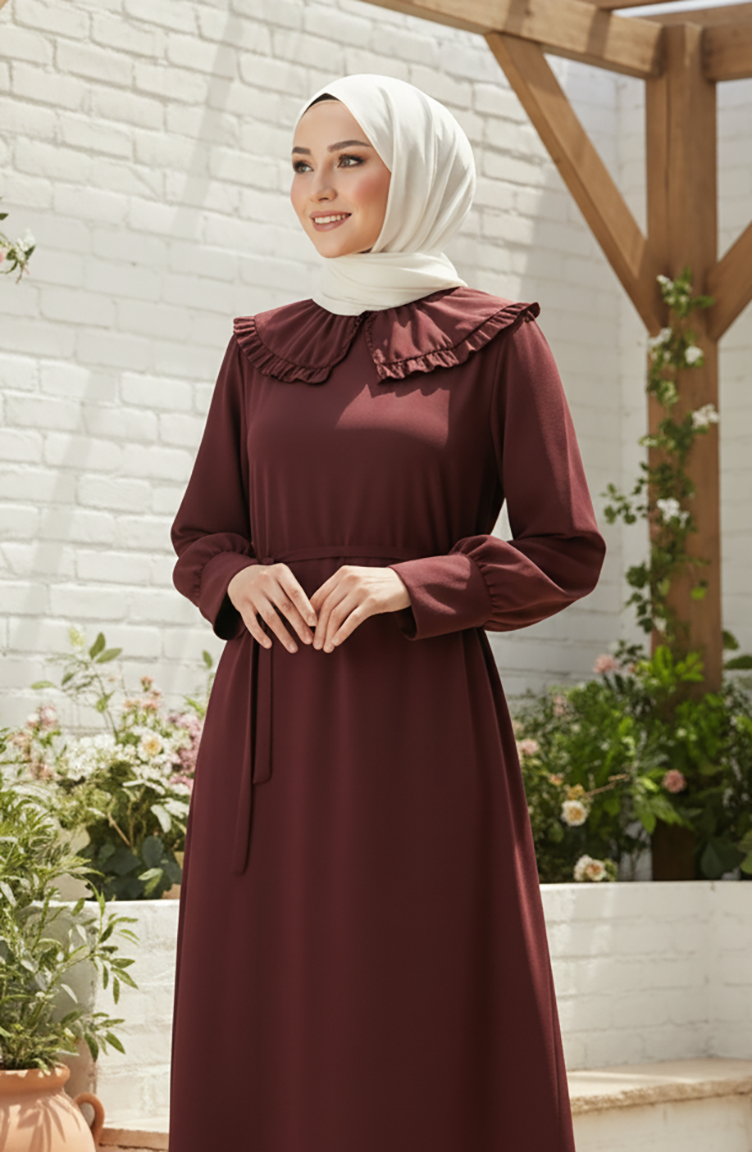 Robe Hijab à Col Volanté Et Lacets 2208-06 Marron 2208-06