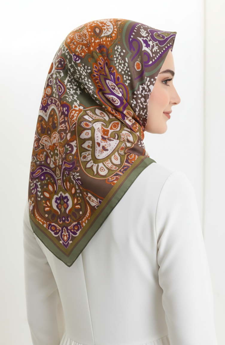 Écharpe En Cupra à Motif Karaca 81090-02 Vert Kaki 81090-02