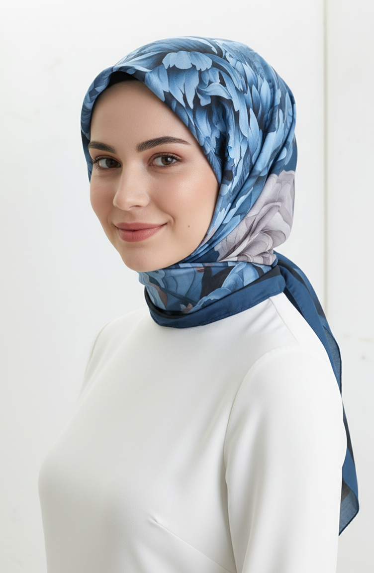 Sjaal Met Bloemenpatroon 1014-02 Marineblauw 1014-02