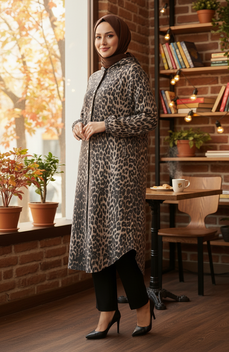 Capuchonjas Met Knoopsluiting En Luipaardprint Van Kasjmier 0226-07 Antracietbeige 0226-07