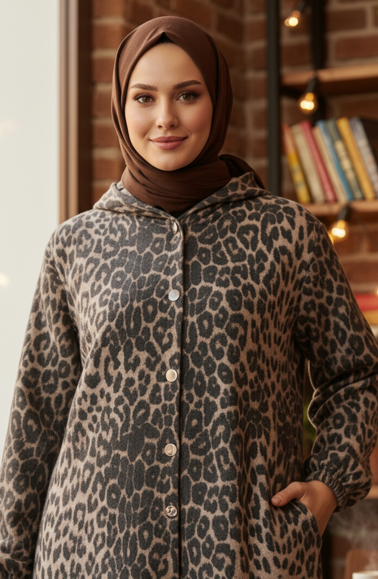 Capuchonjas Met Knoopsluiting En Luipaardprint Van Kasjmier 0226-07 Antracietbeige 0226-07