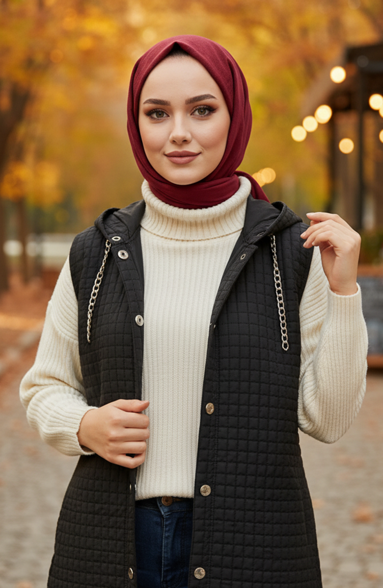 Gilet Matelassé à Capuche Et Boutons Motif Baklava Noir 51340-02 51340-02