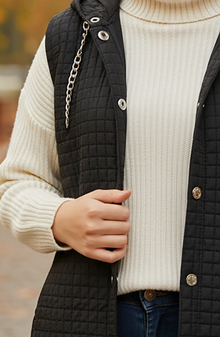 Gilet Matelassé à Capuche Et Boutons Motif Baklava Noir 51340-02 51340-02