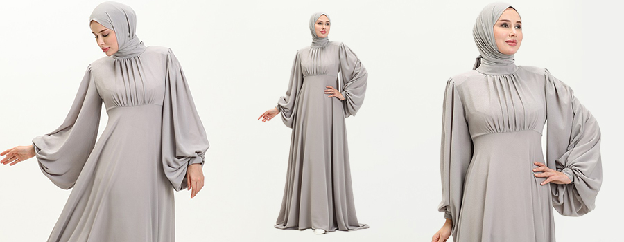 Muslim Fashion Women Islamic Satin Dress Hijab Arabic Pleated Abaya Dubai  Balloon Sleeve with Ribbon Eid Mubarak Turkish Dresses
